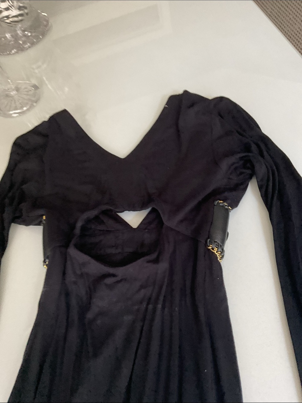 Sky Black Long-Sleeve V-Neck Dress with Gold-Accent Waist - Picture 3 of 4